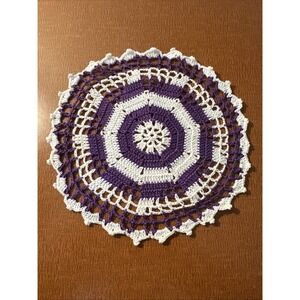 Vintage Hand Crocheted Doily Purple & White 8"